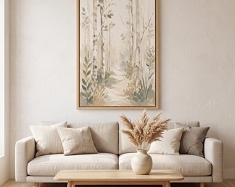 Birch Forest Watercolor Print, Neutral Landscape, Japandi Living Room Decor (Framed Canvas)