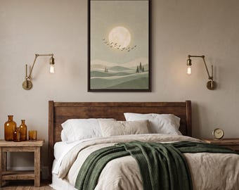 Japandi Moonlit Landscape Wall Art, Sage Green Sunset Forest Print, Minimalist Nature Canvas (Framed)