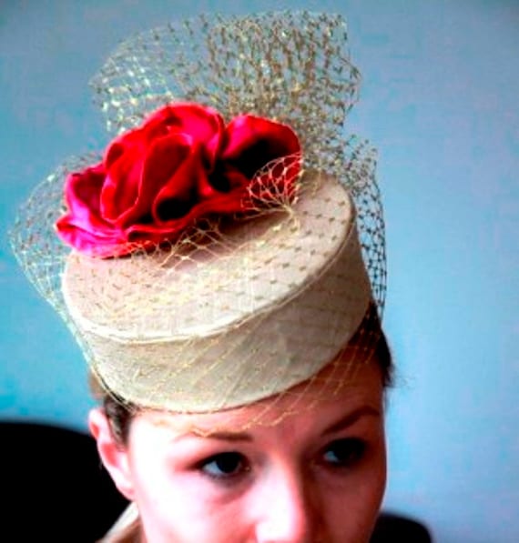 Items similar to Gold silk pillbox hat with pink ruffle on Etsy