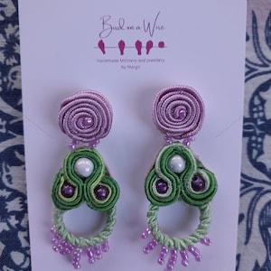 Pink green soutache beaded earrings
