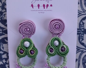 Pink green soutache beaded earrings