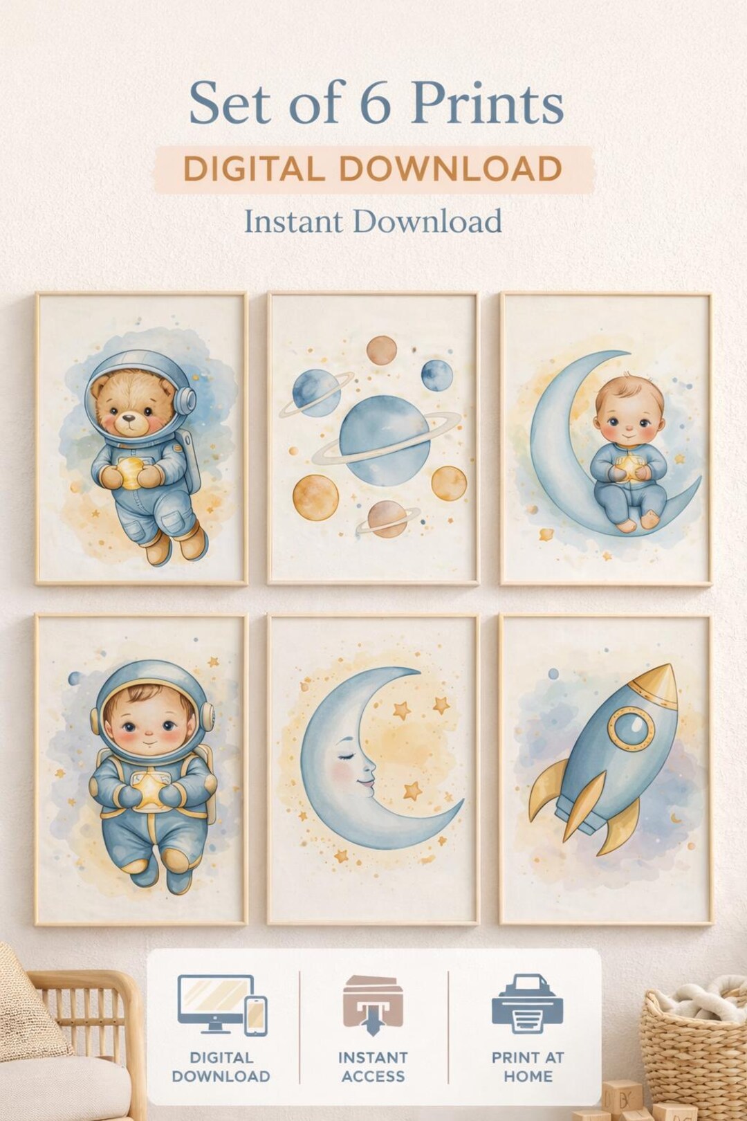 Space Nursery Wall Art Printable Set of 6, Astronaut Rocket Moon ...