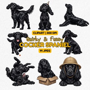 Paquete de 14 imágenes JPEG divertidas de Cocker Spaniel (300 DPI) Arte Kawaii de cachorros, pegatinas para agendas, arte de siluetas de animales, regalos para amantes de los perros, uso comercial.