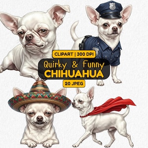 Pode incluir: Ilustração digital com quatro cães Chihuahua brancos em vários trajes. Um está vestido de policial, outro usa um chapéu e um bigode falso, e um terceiro tem uma capa vermelha. A imagem inclui o texto "Quirky & Funny Chihuahua."