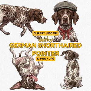 May include: Digital clipart featuring a German Shorthaired Pointer in various poses. The dogs have brown and white spotted coats. One dog wears a cap and bow tie. The text reads "Quirky German Shorthaired Pointer".