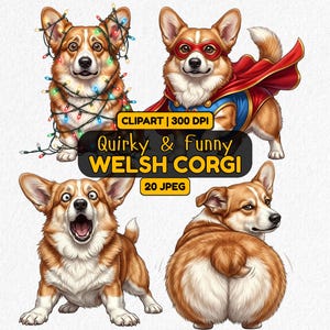 Könnte beinhalten: Digitales Clipart mit vier skurrilen Illustrationen von Welsh Corgis. Einer ist mit Lichterketten geschmückt, ein anderer ist ein Superheld, und die anderen haben ausdrucksstarke Gesichter. Der Text lautet "Quirky & Funny Welsh Corgi".