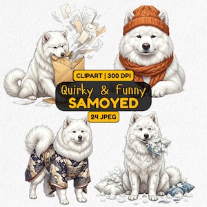 May include: A digital collection of four Samoyed dog illustrations featuring text that reads CLIPART 300 DPI, Quirky & Funny SAMOYED, and 24 JPEG. The white dogs are shown interacting with envelopes, wearing an orange hat and scarf, a patterned kimono, and shredded pillows.