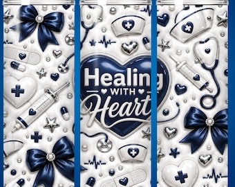 Diseño PNG para vaso térmico de 20 oz en agradecimiento a las enfermeras - Diseño de sublimación "Sanando con el corazón" - Descarga digital médica