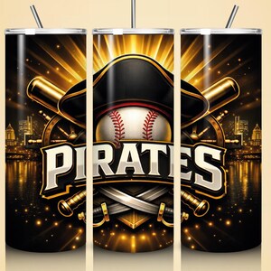 May include: A cylindrical tumbler with a straw featuring a graphic design of a baseball, a pirate hat, crossed swords, and baseball bats. The word PIRATES is printed in bold white letters against a dark background with golden light rays.