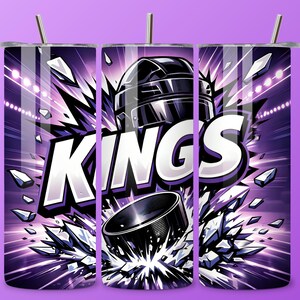 May include: A purple and white tumbler featuring a hockey theme. The design includes a hockey helmet, puck, and the word "KINGS" in bold white letters. The background has a shattered glass effect with stadium lights.
