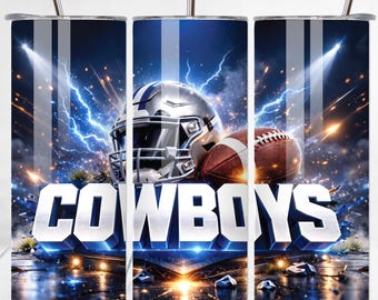 May include: A tumbler featuring a football theme with a silver helmet and a brown football. The word "COWBOYS" is displayed in bold white letters. The background has a blue and silver lightning design.