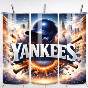 May include: A set of three stainless steel tumblers with a baseball theme. The design features a baseball helmet, baseballs, bats, and the word "Yankees" against a cityscape background. Each tumbler has a silver straw.