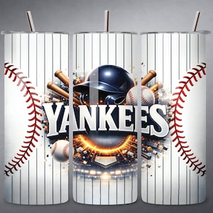 May include: A white and navy pinstriped tumbler featuring a baseball design. The design includes a baseball helmet, bats, and baseballs, with the word "Yankees" in bold white letters. Red baseball stitching accents the sides.