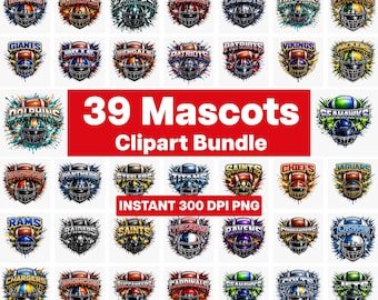 Paquete de imágenes prediseñadas PNG de mascotas de fútbol americano – 39 archivos para sublimación – Para aficionados al deporte en el día del partido (descarga digital)