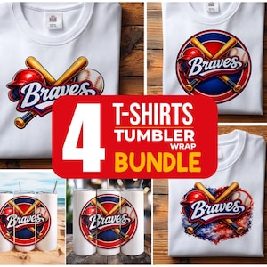 May include: A bundle of white t-shirts and tumblers featuring a baseball theme. The shirts and tumblers display the Braves logo with a baseball, bat, and helmet. The image includes the text "4 T-SHIRTS TUMBLER WRAP BUNDLE".