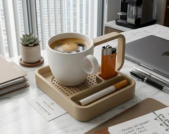 Bandeja organizadora de escritorio minimalista para café, encendedor y cigarrillos - Accesorio de oficina impreso en 3D - Bandeja organizadora EDC moderna - Regalo para un compañero de trabajo