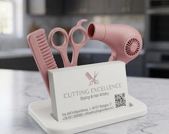 Hair Stylist Business Card Holder - Salon Desk Decor, Hairdresser Gift, 3D Printed Beauty Salon Organizer, Scissors Comb Blow Dryer Stand