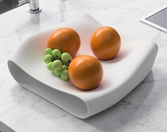 Frutero minimalista moderno - Bol blanco ondulado para isla de cocina - Bandeja decorativa escultural - Regalo de decoración contemporánea para el hogar