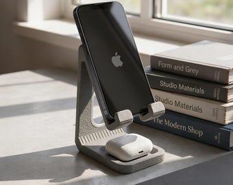 Modern Phone Stand and AirPods Dock – Desktop Cell Phone Holder for Office & Gaming Setup – Minimalist Smartphone Cradle – Tech Gift