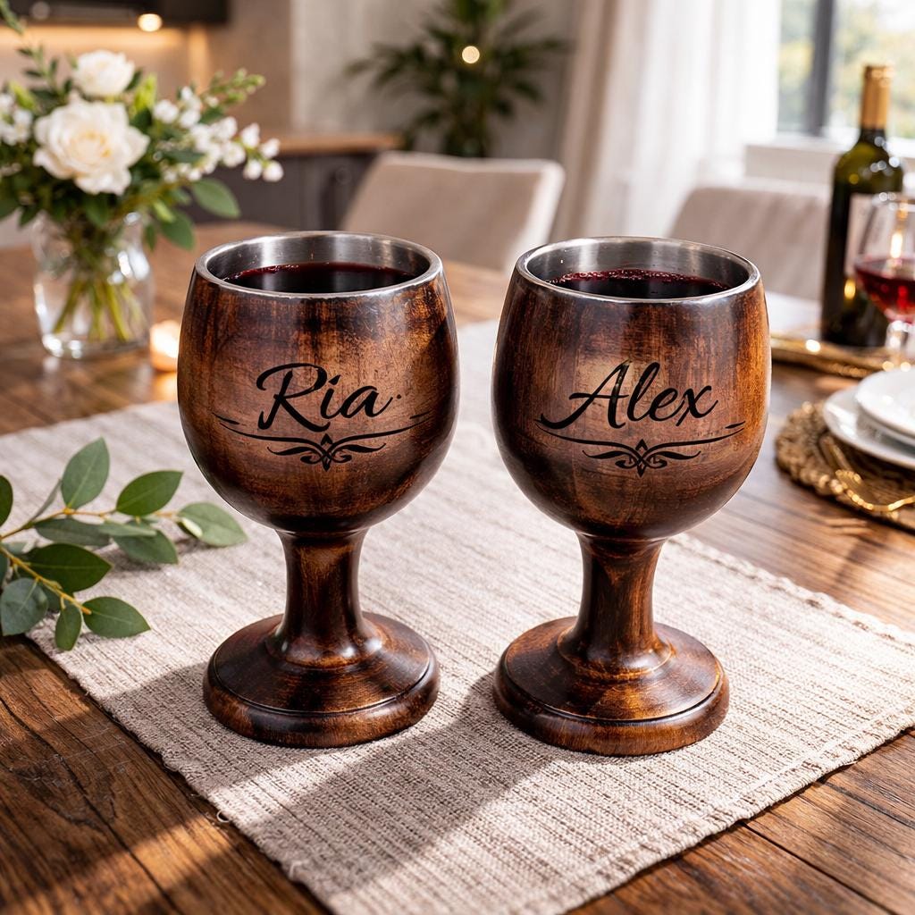 Personalized Wooden Wine Glasses - Engraved Name Goblets for Couples ...