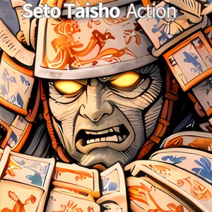May include: Digital illustration of a samurai warrior with an intense expression. The artwork features a detailed helmet and armor with orange and blue accents. The text "Seto Taisho Action" is at the top.