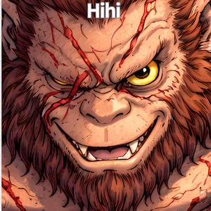 May include: Comic-style illustration of a snarling, beast-like creature with brown fur, yellow eyes, and sharp teeth. Red slashes mark the face. The word "Hihi" is written above the creature's head.