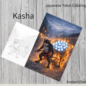 May include: Digital illustration of a Japanese Yokai coloring page. The image shows a black cat-like creature with glowing eyes pulling a cart filled with blue orbs through flames. The word "Kasha" is at the top.