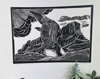 Scottish Wildlife linoprint Isle of Eigg An Sgùrr Arctic Skua