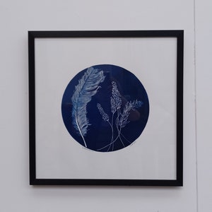 framed circle Lino print Prussian blue feather grasses