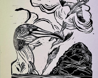 gannets diving into sea linoprint