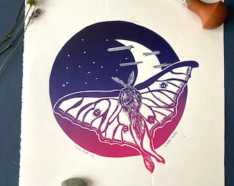 Luna moth lino cut print