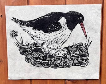 Oystercatcher Lino Print: Bird Nesting on Beach, Lokta & Okawara Paper