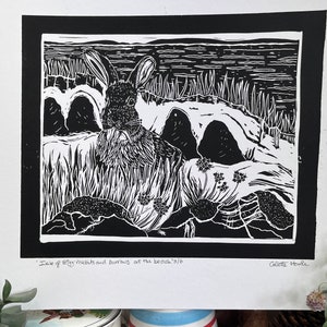 rabbit linoprint on beach on Isle of Eigg