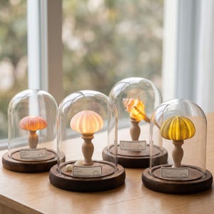 Puede incluir: Cuatro cúpulas decorativas de cristal con bases de madera. Cada cúpula alberga una criatura marina iluminada única, incluyendo erizos de mar y una concha. Las bases son de color marrón oscuro, y las criaturas marinas brillan con luz cálida.