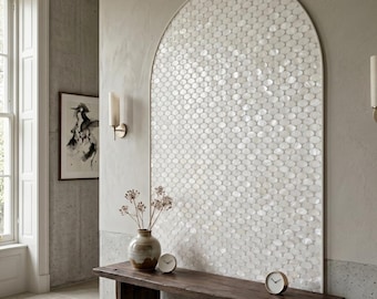 Natürliche Oval Perlmutt-Mosaik-Fliese | Irisierender weißer Muschel-Backsplash | Luxus Küsten Badezimmer Wandfliese | Elegantes Wohnkultur