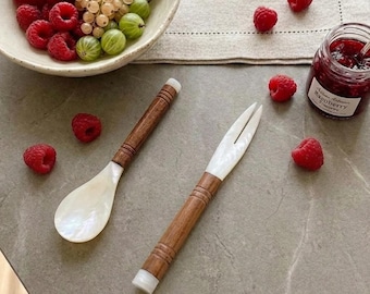 Natural Mother of Pearl Spoon and Fork Set | Wooden Handle Caviar Utensils | Organic Modern Dessert Cutlery | Charcuterie Board Accessory