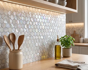 Natural Diamond Mother of Pearl Mosaic Tile | Iridescent White Rhombus Shell Backsplash | Luxury Geometric Wall Tile | Designer Home Decor