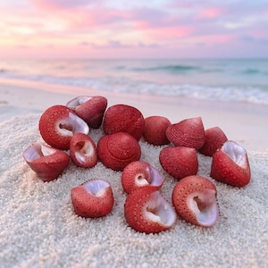 May include: A collection of vibrant red seashells with textured surfaces and white interiors, scattered on white sand. The shells are arranged on a beach with the ocean and a pastel sunset in the background.