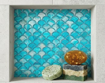 Mother-of-pearl mosaic tiles| Blue Mermaid Scale Backsplash | Fish Scale Shell Wall Tile | Coastal Bathroom Decor