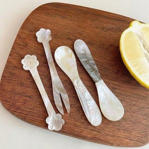 Colher de madrepérola verdadeira | Colher de caviar esculpida à mão em concha | Talheres de sobremesa com design de folhas e flores | Utensílios de mesa com temática litorânea | Decoração de armário com objetos curiosos