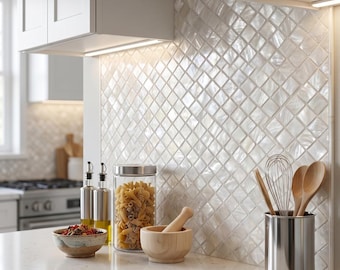 Natural Diamond Mother of Pearl Mosaic Tile | Iridescent White Rhombus Shell Backsplash | Luxury Geometric Wall Tile | Designer Home Decor