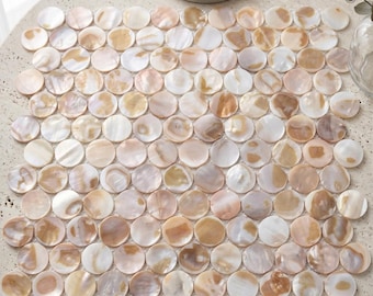 Natural Penny Mother of Pearl Mosaic Tile | Warm Amber Round Shell Backsplash | Iridescent Beige Wall Tile | Wabi Sabi Home Decor