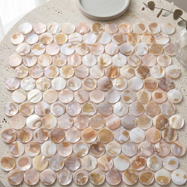 Natural Penny Mother of Pearl Mosaic Tile | Warm Amber Round Shell Backsplash | Iridescent Beige Wall Tile | Wabi Sabi Home Decor