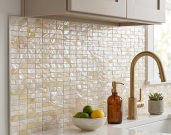 Natural Rectangle Mother of Pearl Mosaic Tile | Blush and Gold Shell Backsplash | Mini Subway Pearl Wall Tile | Organic Modern Decor