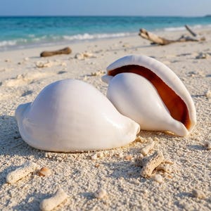 May include: Two white seashells with a glossy finish sit on a sandy beach. One shell is open, showing a brown interior. The shells are surrounded by small pieces of coral and sand, with the sea in the background.