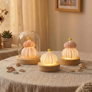 May include: Three decorative lamps with a sea urchin design. The lamps are pink and white with a yellow top, and sit on a wooden base. One lamp is under a glass dome. The lamps are on a table with seashells.