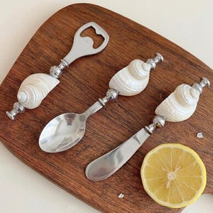 Sea Shell Handle Flatware Set | Real Shell Spoon, Butter Knife & Bottle Opener | Coastal Kitchen Decor | Beach House Tableware