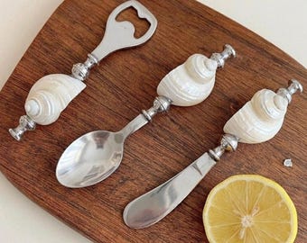 Sea Shell Handle Flatware Set | Real Shell Spoon, Butter Knife & Bottle Opener | Coastal Kitchen Decor | Beach House Tableware