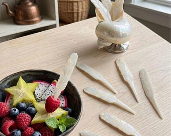 Carved Mother of Pearl Feather Fruit Picks | Iridescent Shell Appetizer Skewers | Coastal Cottagecore Charcuterie Accessory