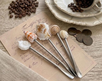 Natural Seashell Coffee Spoon | Vintage Style Demitasse Tea Stirrer | Coastal Granddaughter Kitchen Decor | Beach Wedding Favor